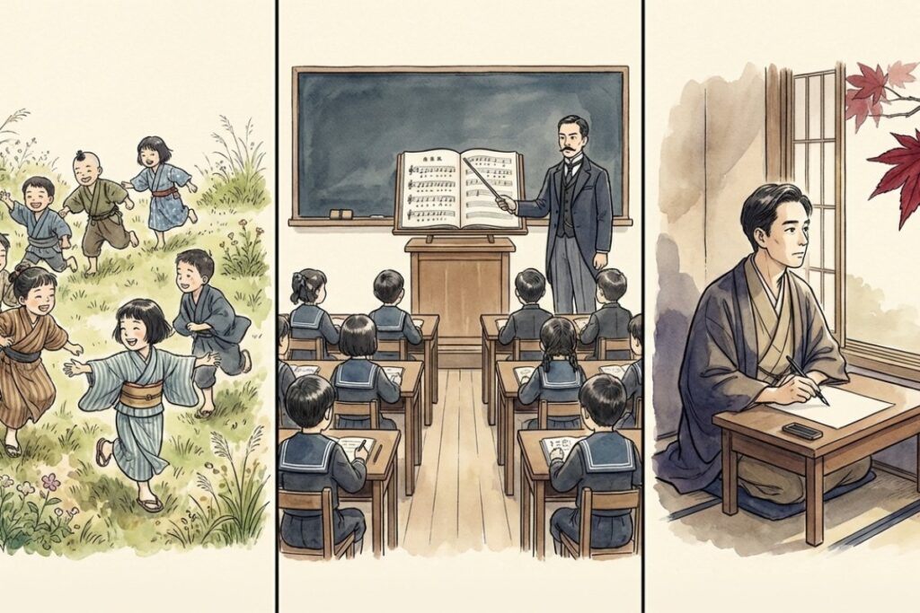 童歌（自然な遊び）、唱歌（明治の学校教育）、童謡（大正の創作活動）の3つの異なる情景を描いた比較イラスト