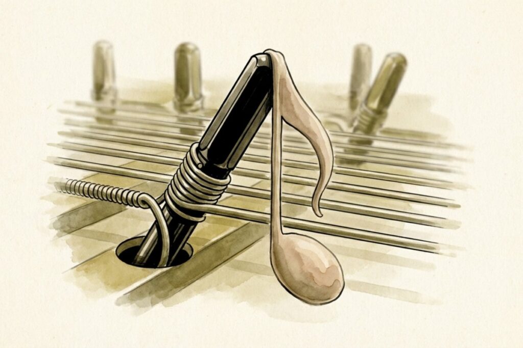 調律ピンに器具を差し込み、横に並ぶ弦の上へ音符と上向き矢印が配置されたクローズアップ。ピッチ上げで張力を安定させつつ音程を戻す予備調律・二度調律と、追加費用の幅を押さえる