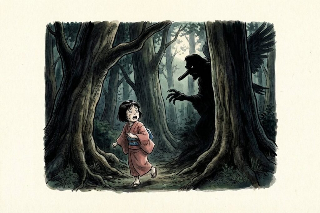暗い森の中で天狗の影に遭遇し怯える子供のイラスト。神隠し伝説と通りゃんせの歌詞の関連性を表現