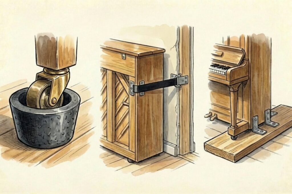 キャスター受け、壁固定、敷板などの対策が並ぶイラストで、固定方法の違いが分かる構成。床補強や転倒防止を検討する流れに合う図