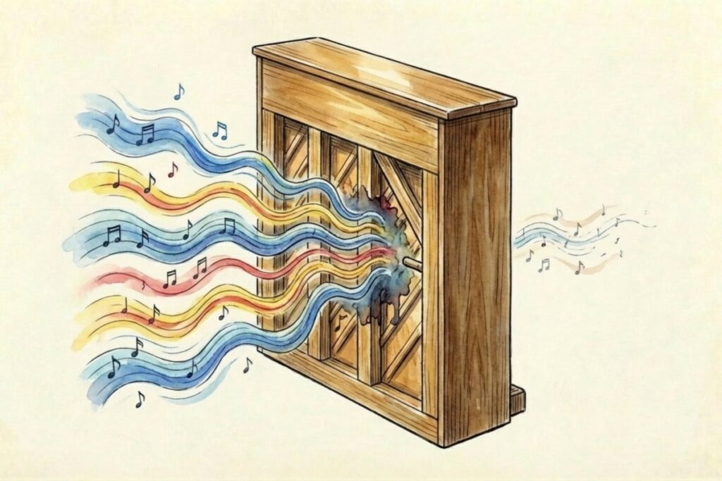 ピアノ背面から色の波と音符が広がり、音の伝わり方をイメージ化したイラスト。重さと遮音の関係、振動対策の話題につながる表現