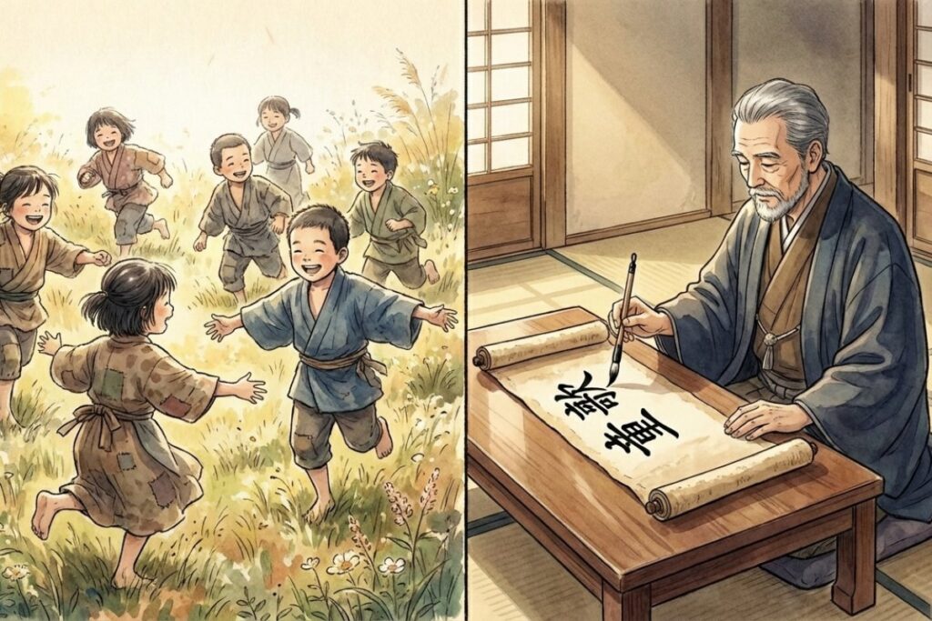 草原で遊ぶ子供たちの姿と、「童歌」と書かれた巻物に筆を走らせる江戸時代の学者の対比イラスト