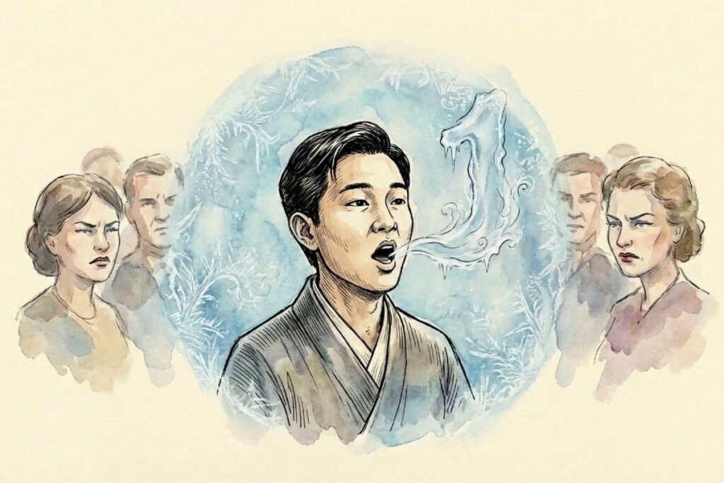 口を開けて歌う人物の前に白い息が漂い、周囲の人々が険しい表情で左右から視線を向けている。第1番を歌うとネオナチ認定され得る社会的リスクと、場の空気が固まる瞬間。