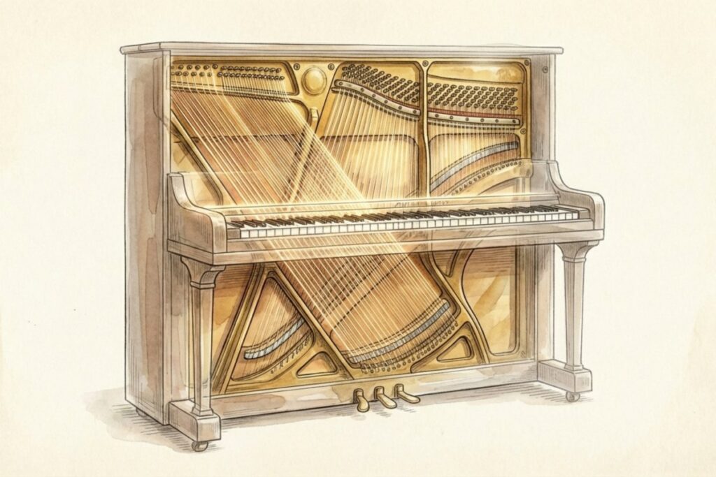 アップライトピアノの外装を透かし、弦やフレーム、響板が見える断面風のイラスト。鋳鉄フレームなど内部構造が重さに関わる点を補足