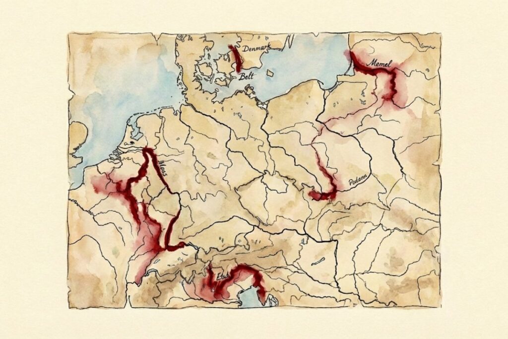 古地図風のヨーロッパ地図に、赤い線で川や海峡が強調され、BeltやMemel、Denmarkの文字が散らばる。マース川などの地理表現が領土拡大と受け取られやすい危険性の補足。