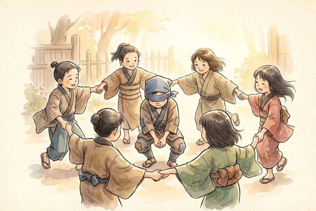 夕暮れ時に目隠しをして「かごめかごめ」の輪を作って遊ぶ、着物を着た子供たちのイラスト