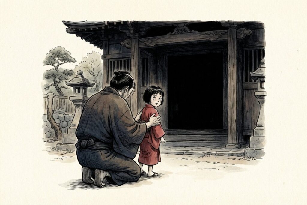 古い寺社の前で泣いている子供と大人。口減らしや人身御供といった通りゃんせの怖い都市伝説を想起させる悲しい情景