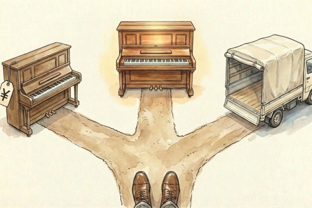 足元の視点で三つの道に分かれ、左に値札付きピアノ、正面にピアノ本体、右に搬出トラックが描かれる。修理か買い替えか処分かを、費用と価値で比較して決める判断基準のイメージ