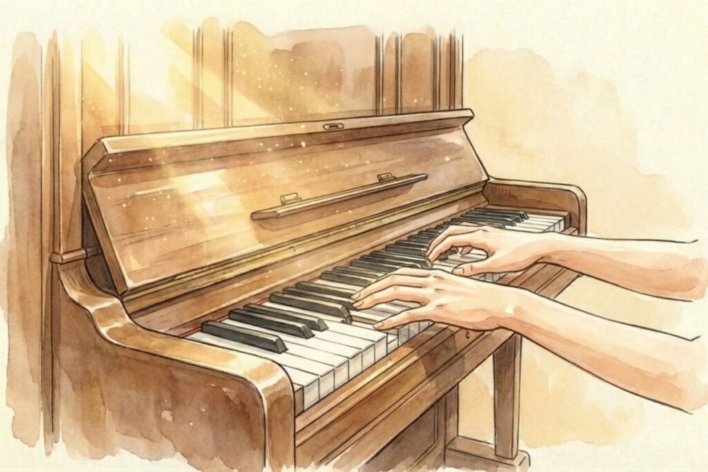 窓からの光が当たるアップライトピアノを両手で弾く手元が大きく写り、鍵盤の陰影がはっきり見える。再調律と修理を終えて演奏が戻る締めの場面としての一枚、復活後の手触り