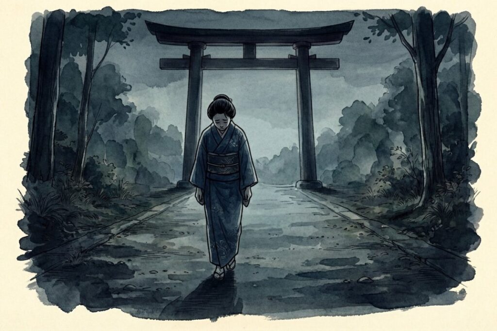 暗い雰囲気の神社で鳥居の下をうつむきながら一人で歩く女性のイラスト