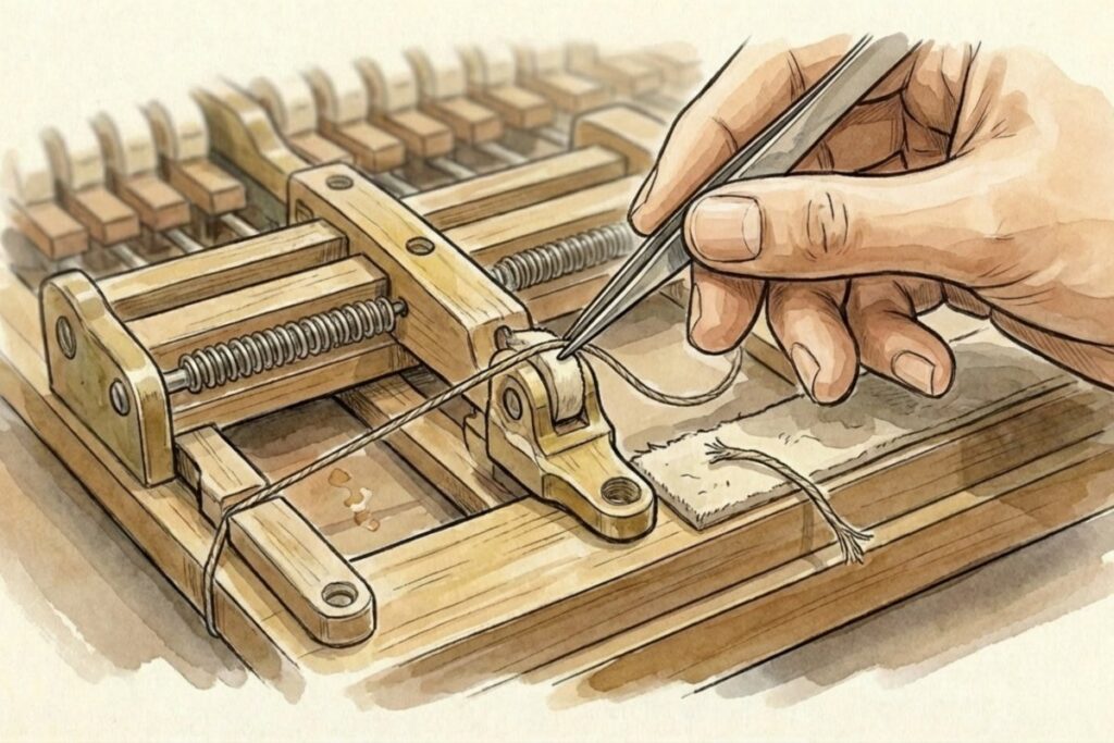 アクション部の小さな部品に糸を通し、ピンセットで細かな調整をしている手元のアップ。フレンジコードが切れる不具合を想定し、交換修理の作業内容と料金帯を押さえる作業風景