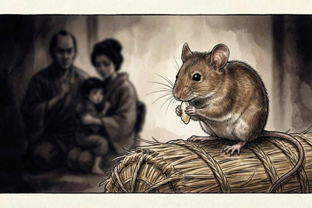 静まり返った家の中で俵の米を食うネズミと息を潜める人々の対比