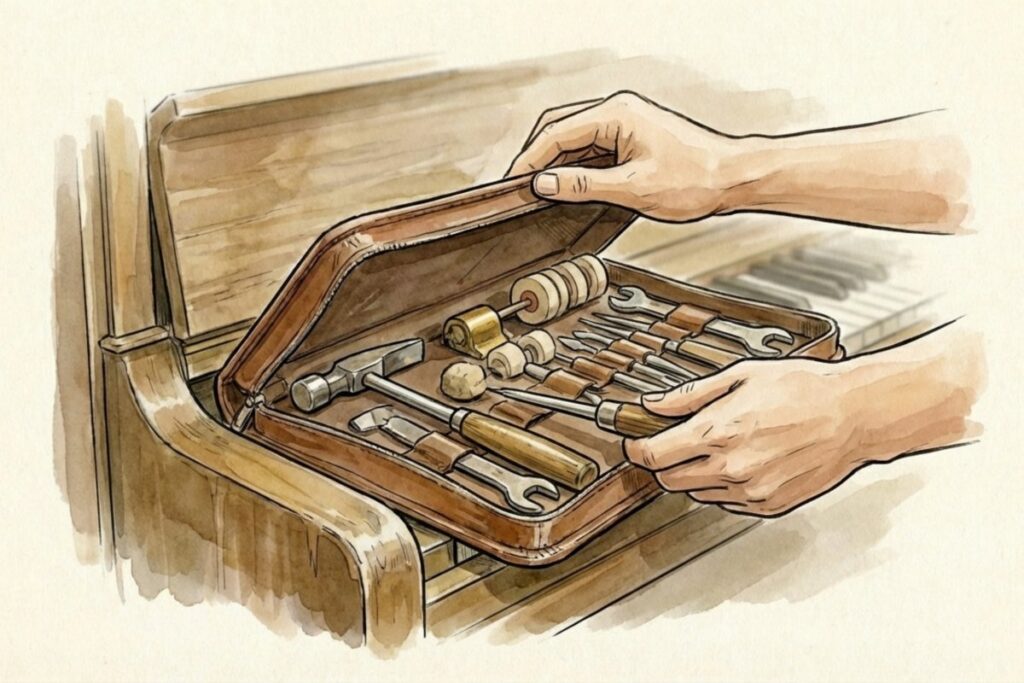 木製ケースを開け、ハンマーやレンチなど複数の道具が整然と収まっている様子を両手で確認している。未調律期間が長いほど作業時間が伸び、ブランクチャージの加算が起きやすい仕組み