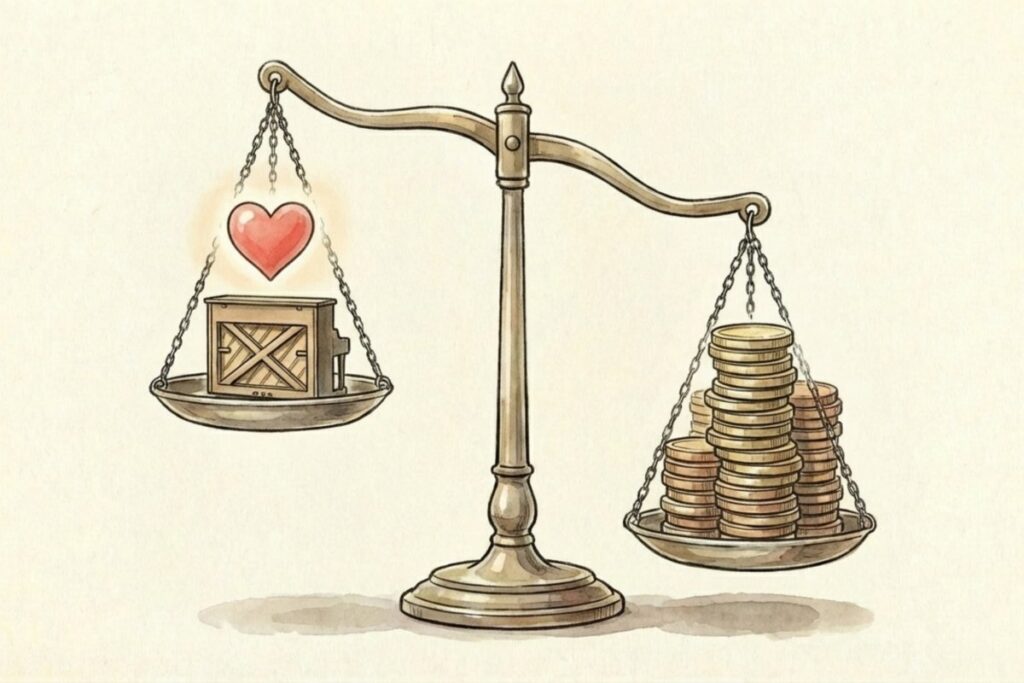 背の高い天秤の片側にハートとX支柱のピアノ、反対側に硬貨が積まれて釣り合う構図。修理か買い替えかの損益分岐点を、楽器のグレードと費用負担のバランスで考える比較図