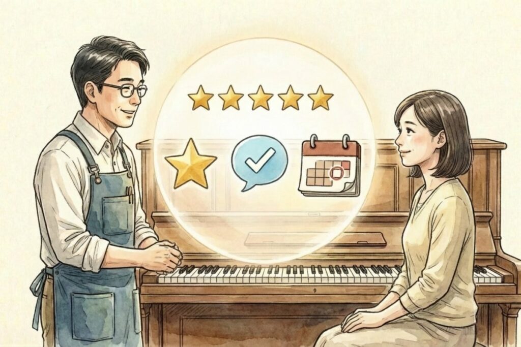 調律師と依頼者がピアノ前で会話し、星評価・チャット吹き出し・日程カレンダーが中央に重なる。信頼できる調律業者の選び方として、口コミ確認や見積もり条件のチェックが伝わる構成