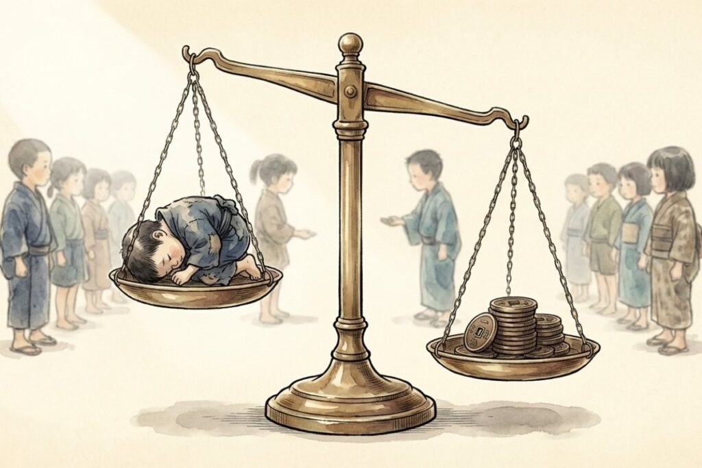 天秤の片方に乗った子供と、もう片方に乗った小銭がつり合っている様子を描いた人身売買の暗示イラスト