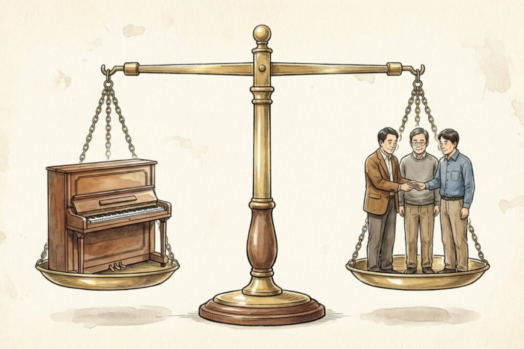 天秤の左右にアップライトピアノと複数人が乗り、重さを比べる場面のイラスト。平均重量の目安をつかむ話題に自然に沿う比較図