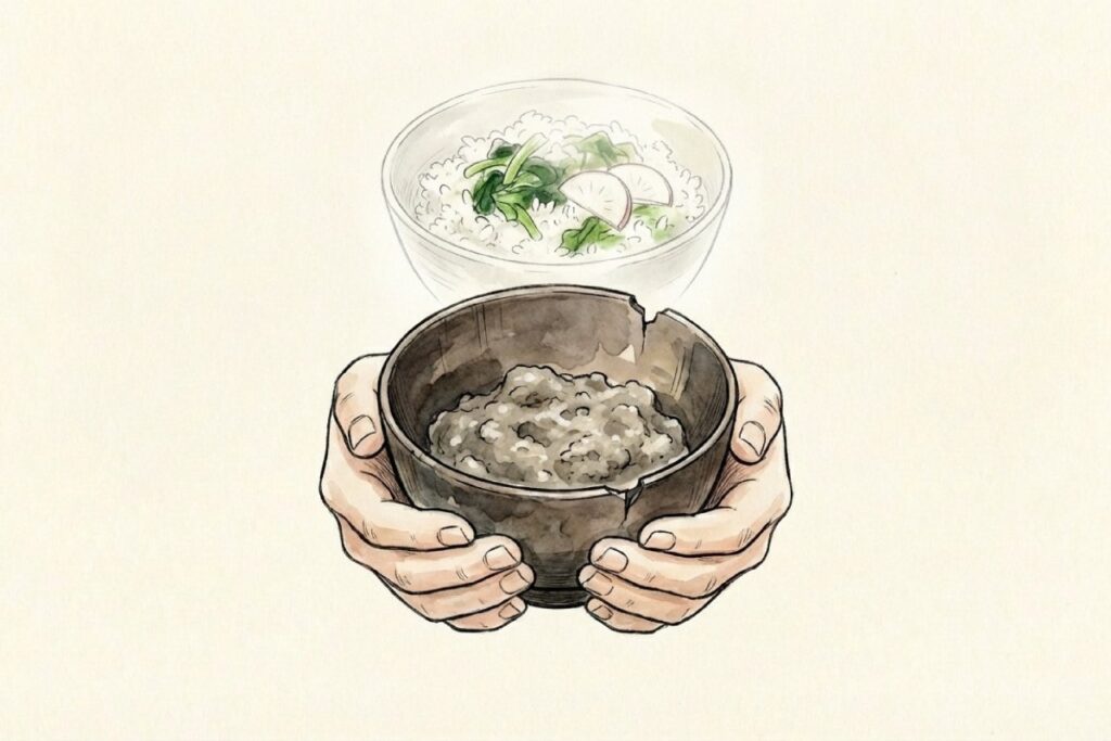 歌詞に登場する食事の比較。白米と漬物の入った茶碗と、ひび割れた器に入った質素なもんばめし