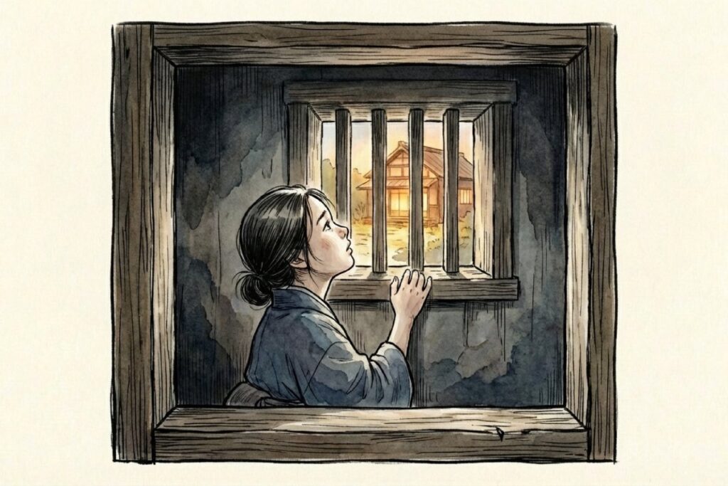 奉公先の薄暗い部屋から、格子窓越しに夕暮れの外の世界を見つめる守り子の少女。「在所をこえて」のイメージ