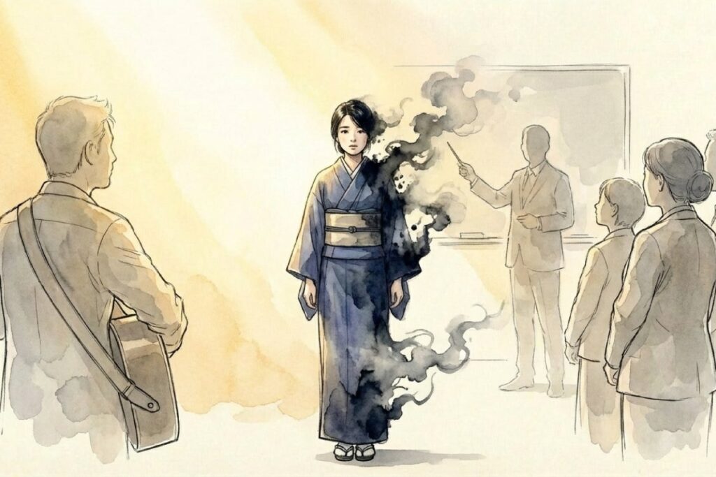 フォークグループ赤い鳥のイメージ。ギターを背負う男性と、その背後に浮かぶ守り子の黒い影。楽曲のメッセージ性をめぐる葛藤