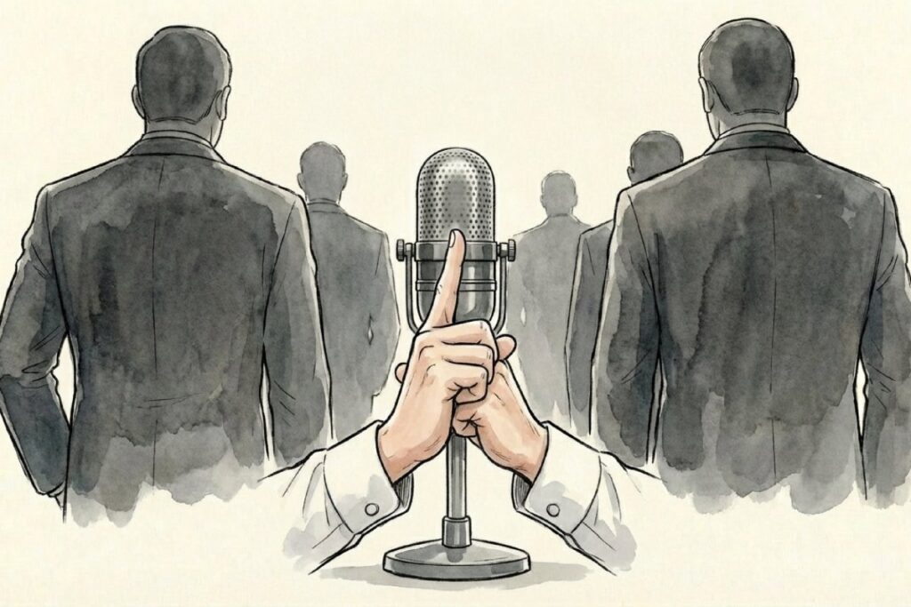 放送禁止と自主規制の象徴。マイクの前で口元に指を当てて沈黙する手と、背を向けるスーツ姿の男性たち