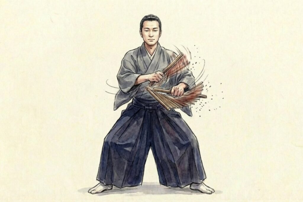 伝統的な衣装をまとい、ささらを両手に持って力強く構えている、こきりこ節の踊り手の男性イラスト