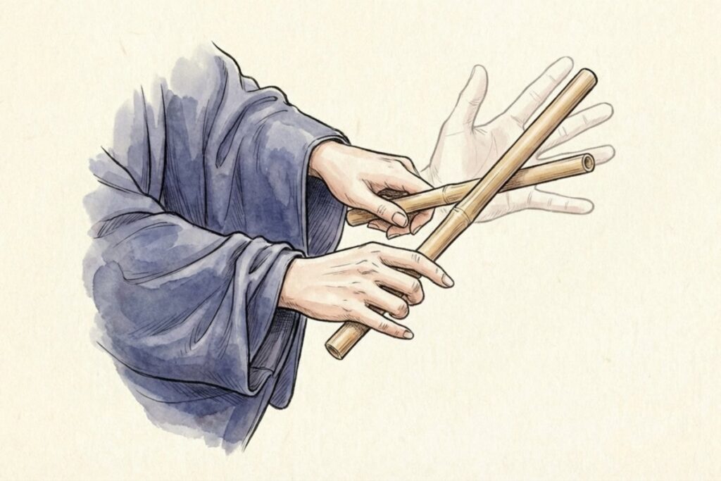 歌詞に出てくる「七寸五分」の長さである竹の楽器（こきりこ）を、リズムを刻むために両手で持っている手元の拡大図