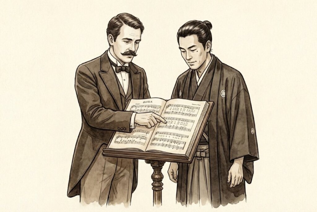 明治時代の服装をした男性たちが君が代の古い楽譜資料を確認している様子