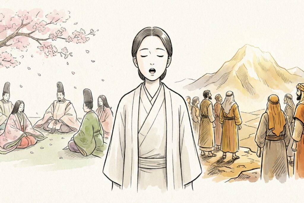 君が代を歌う平安時代の日本の貴族たちと、砂漠を歩く古代イスラエルの民衆の対比図