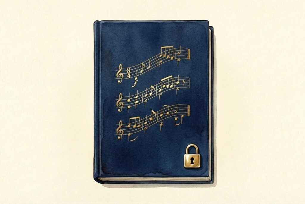 楽譜ブックに錠前がかかっている著作権保護と利用規約のイメージイラスト