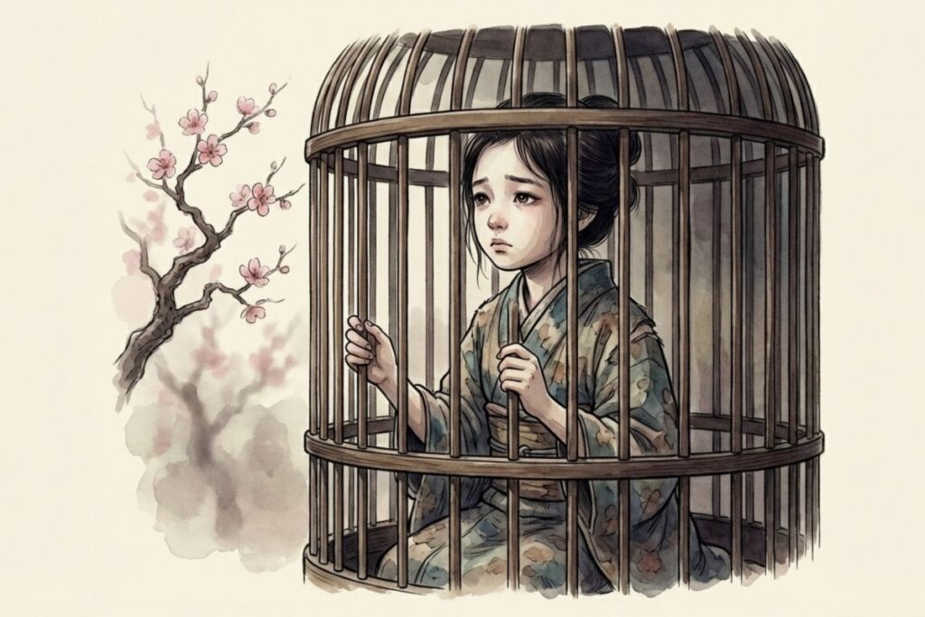 人身売買説における遊女の悲嘆を表現した鳥籠に閉じ込められた着物姿の少女のイラスト