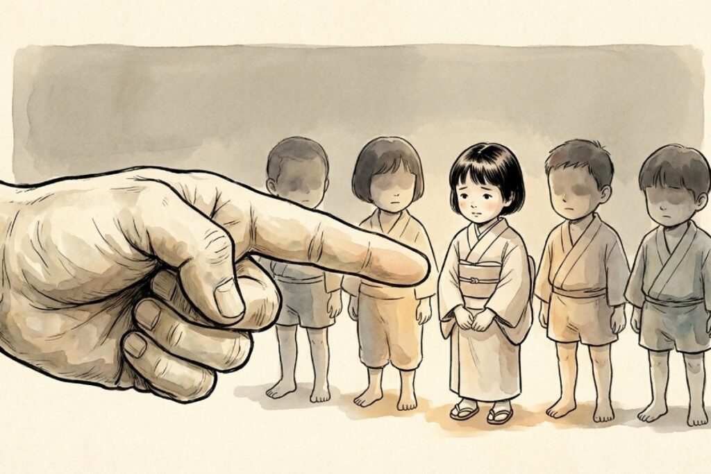 巨大な指が子供を指名する不気味なイラスト。「あの子が欲しい」という歌詞が人身売買の品定めに例えられる怖い解釈のイメージ