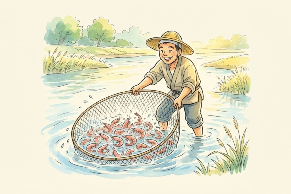 あんたがたどこさの原曲説とされる川でエビを網ですくう漁師の牧歌的な風景イラスト