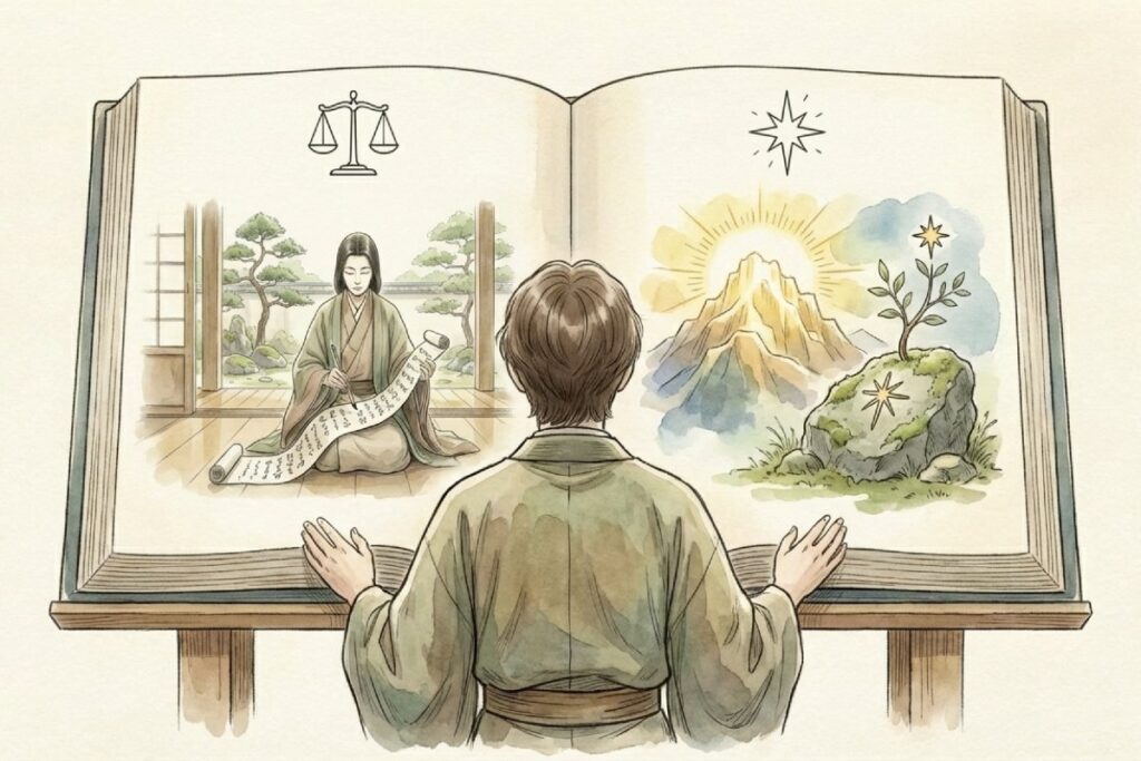 君が代の歌詞の真実を検証するため、日本の史実とヘブライ語説を天秤にかけて比較するイメージイラスト