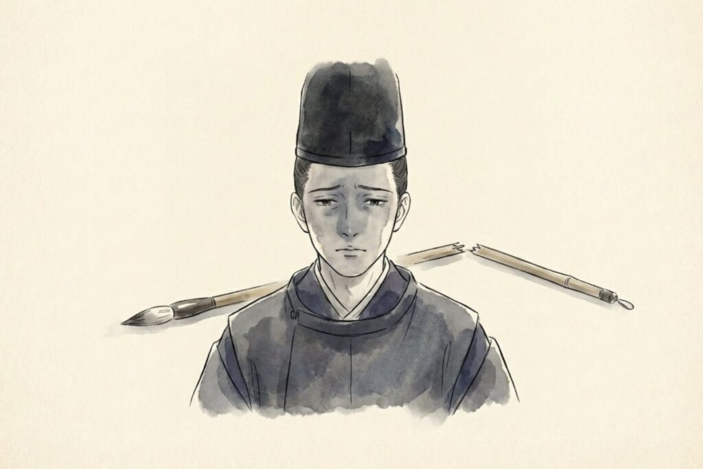 折れた筆を前に悲痛な表情を浮かべる平安時代の貴族のイラスト、いろは歌に込められたとされる冤罪の無念を表現