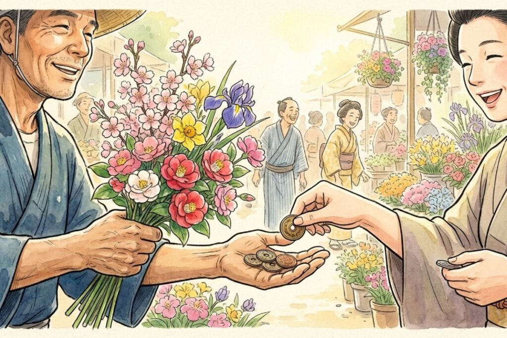 江戸時代の花市で笑顔でやり取りする花売りのイラスト。はないちもんめの千葉県発祥説(農業経済の歌)という平和な解釈を表現