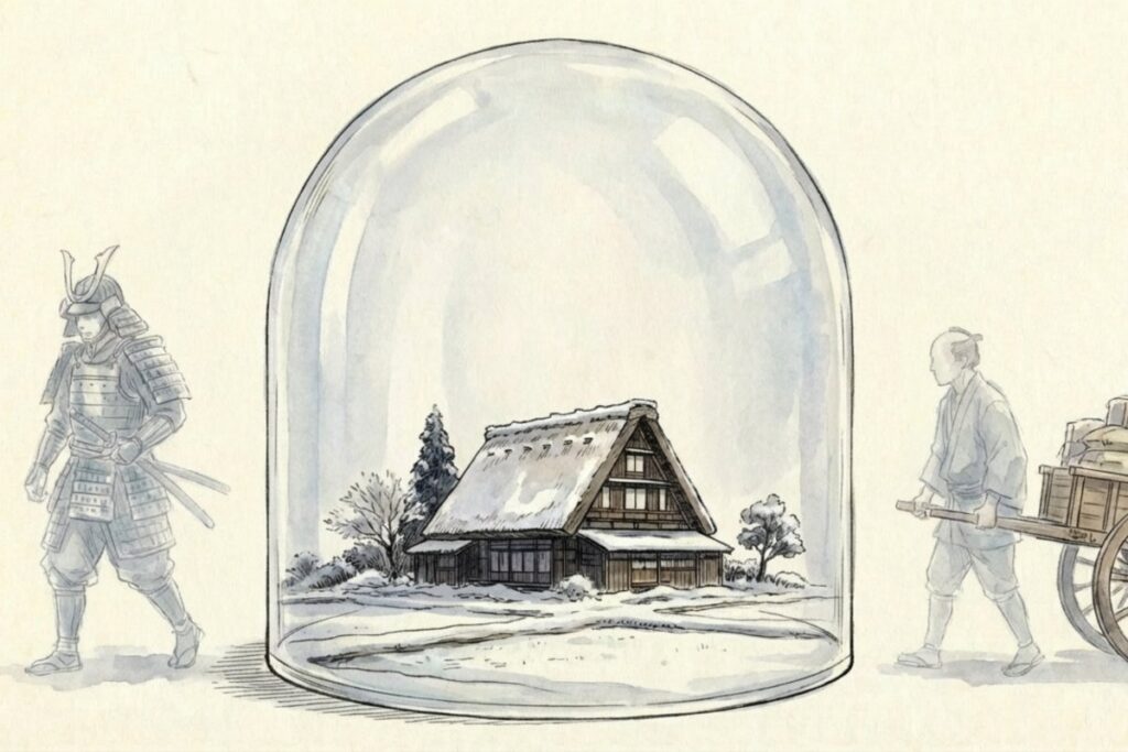 外部からの干渉を防ぐガラスドームの中に合掌造りの家があるイラストで、五箇山の文化が隔離されて守られてきた歴史を表現