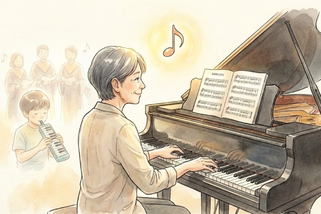 ピアノを弾く女性と鍵盤ハーモニカを吹く子供が君が代を演奏しているイラスト