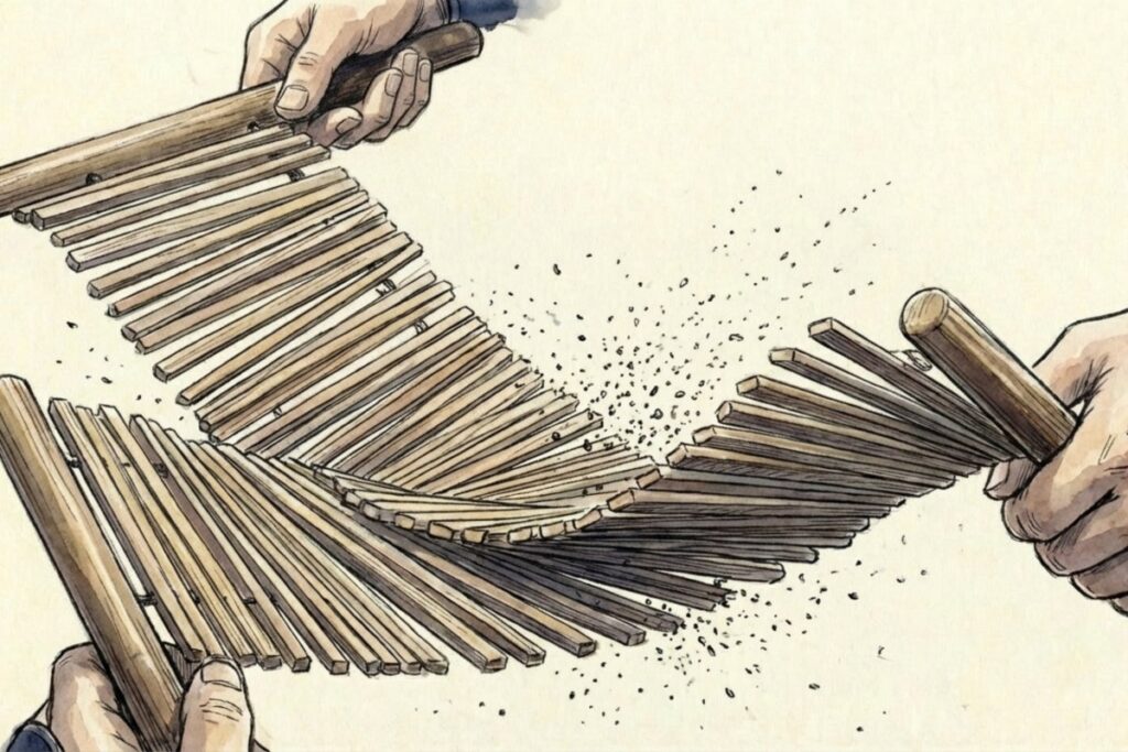 独特なリズムに合わせて、楽器のささらを大きくしならせながら演奏し踊っている男性の様子