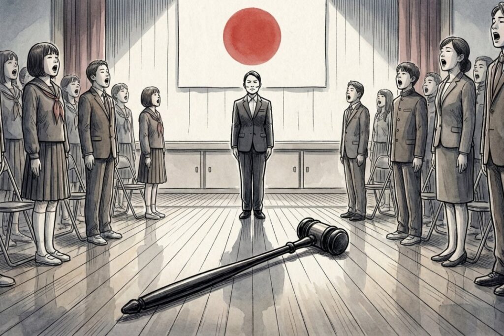 君が代の起立斉唱問題と裁判を象徴する、学校の式典と法廷の木槌のイラスト