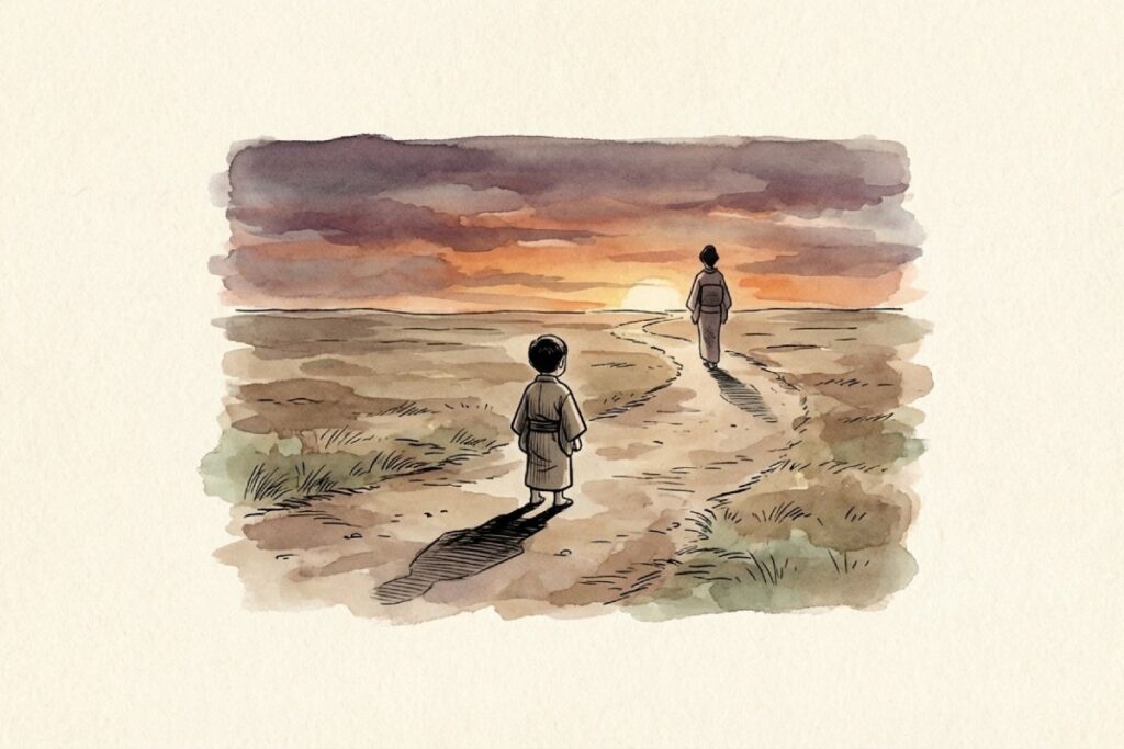 三木露風の幼少期：夕焼けの道で母と別れる5歳の子供の悲しい後ろ姿