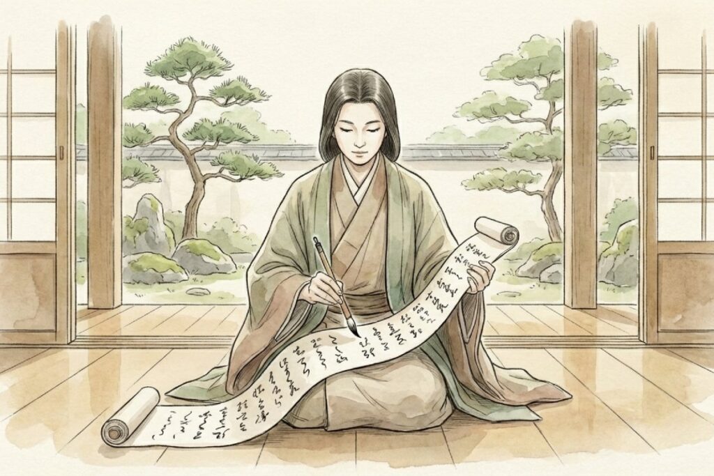 平安時代の和室で古今和歌集の和歌をしたためる女性と、君が代の本来の成立背景を描いたイラスト