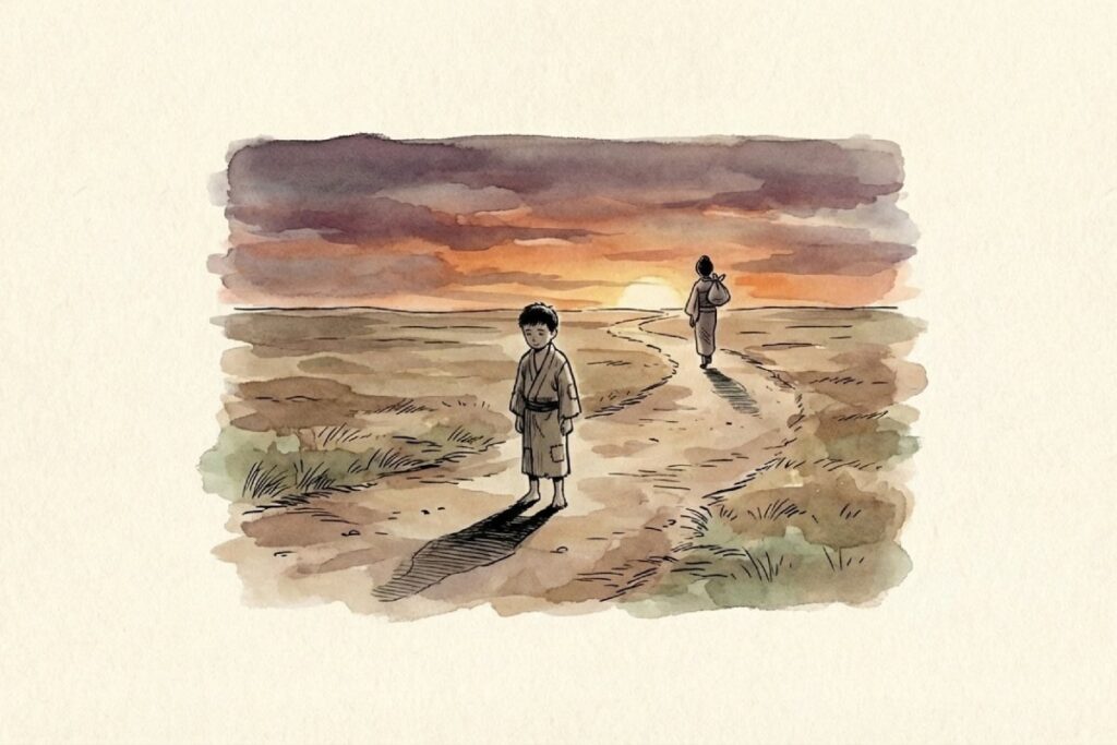 十五で嫁に行く姐や：荷物を持ち夕暮れの道を去る別れの情景