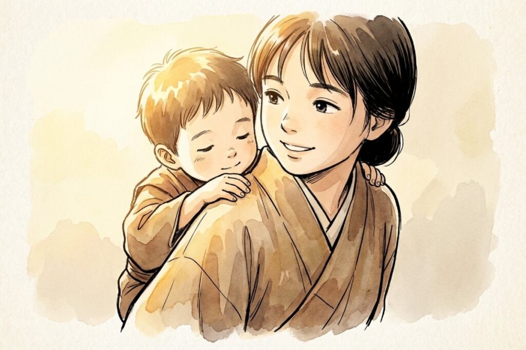 赤とんぼの姐や：子守奉公の娘が子供を背負う温かいイラスト