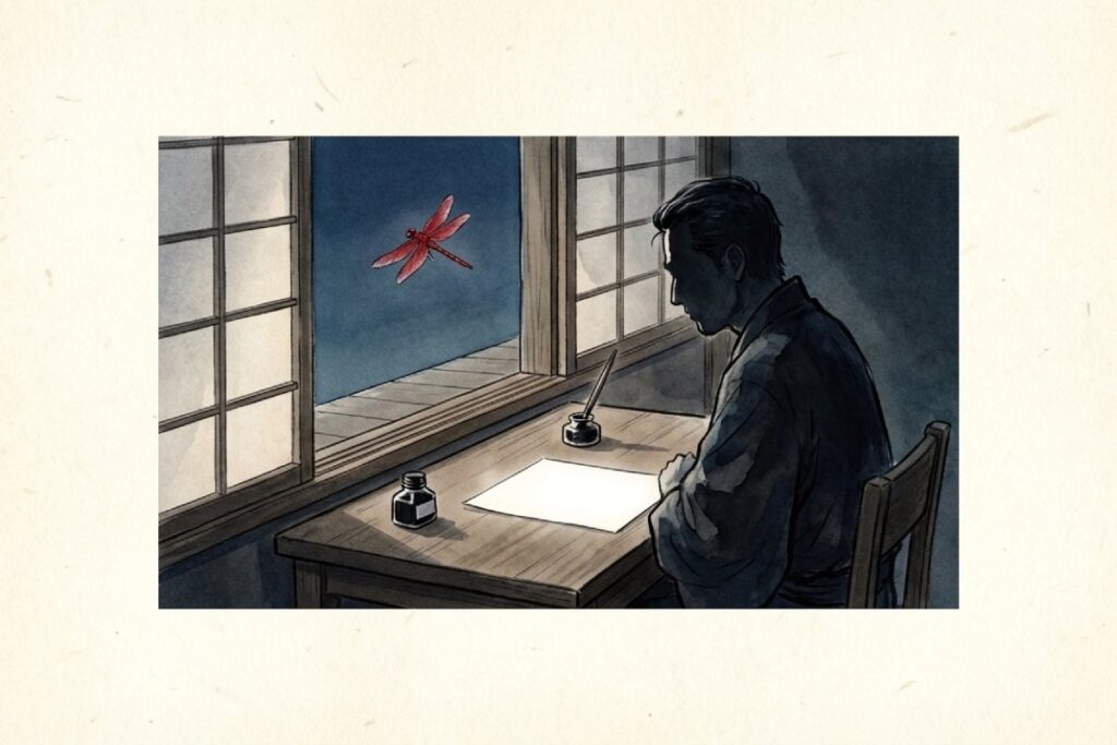 三木露風の作詞風景：窓の外の赤とんぼを見つめる大人の男性