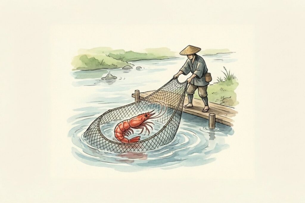 歌詞の謎を解く鍵となる川エビと漁師網と手まりを組み合わせたイメージイラスト