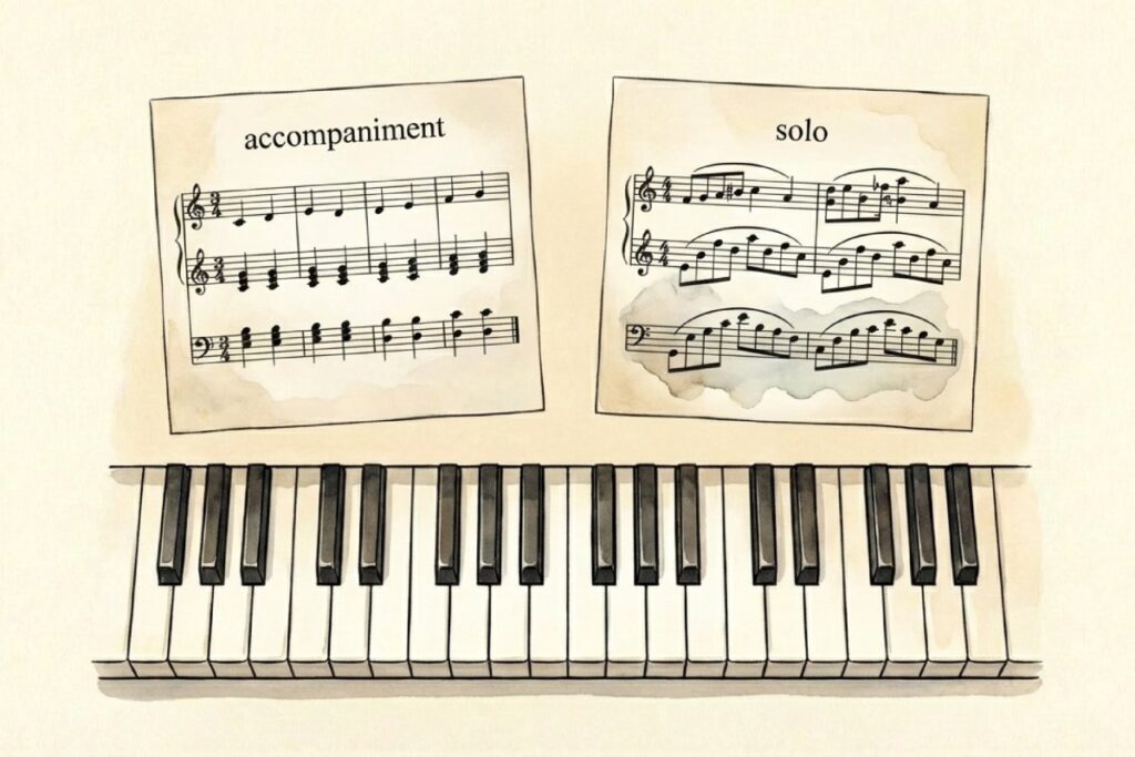 君が代のピアノ伴奏譜とソロ演奏譜の楽譜構成の違いを比較した図