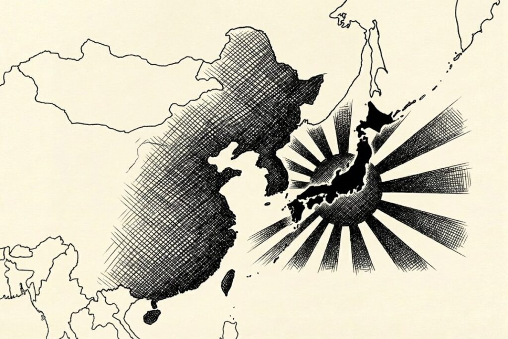 東アジアにおける君が代への厳しい反応を表す、日本・中国・韓国の地図と歴史的背景のイメージ図