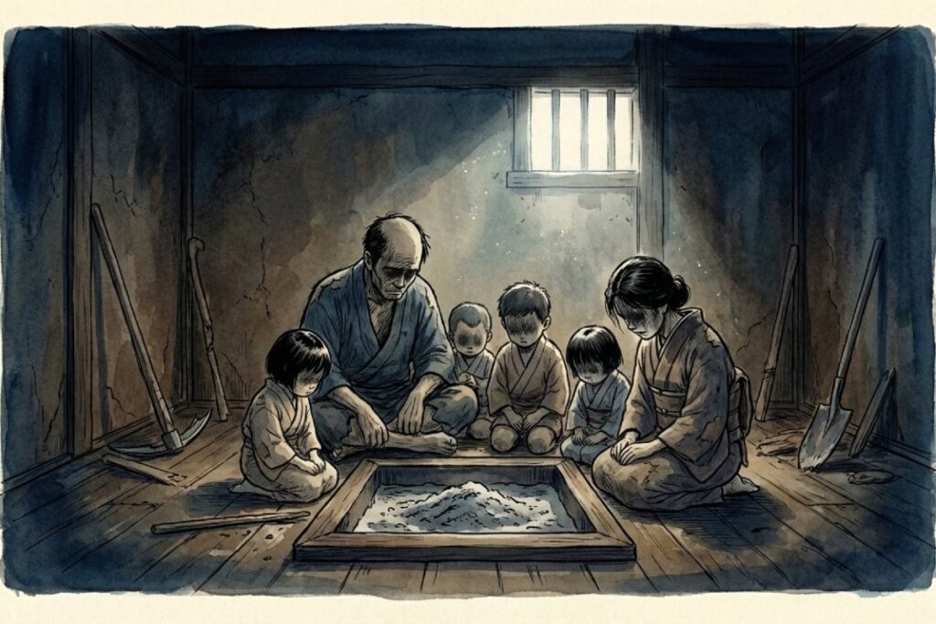 江戸時代の貧しい農村の家族のイラスト。暗い部屋でわずかな食事を囲んでおり、飢饉による口減らしや貧困の悲哀を表現