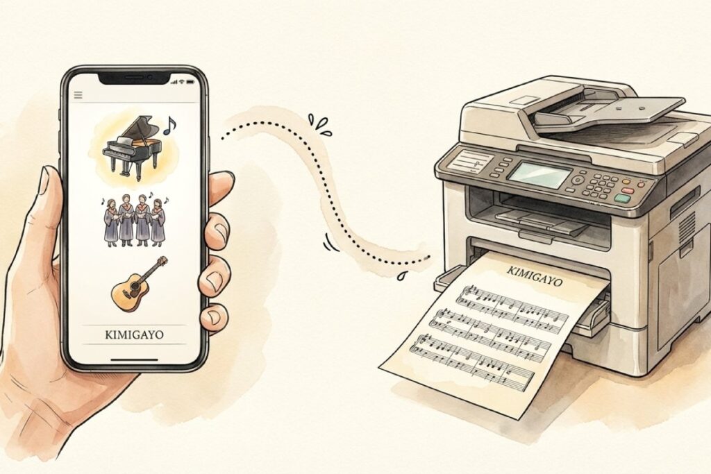 スマホから君が代の楽譜データをプリンターに送信して印刷するイメージ